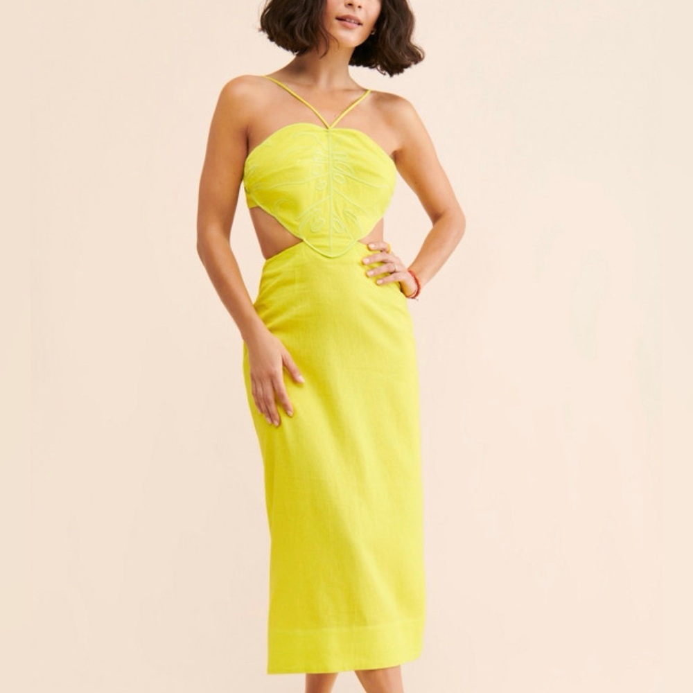 FARM Rio Neon Yellow Cutout Midi Dress